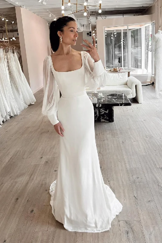 Sheath/Column Scoop Long Sleeves Simple Wedding Dress QW2188 Sparkling Bridal Gown