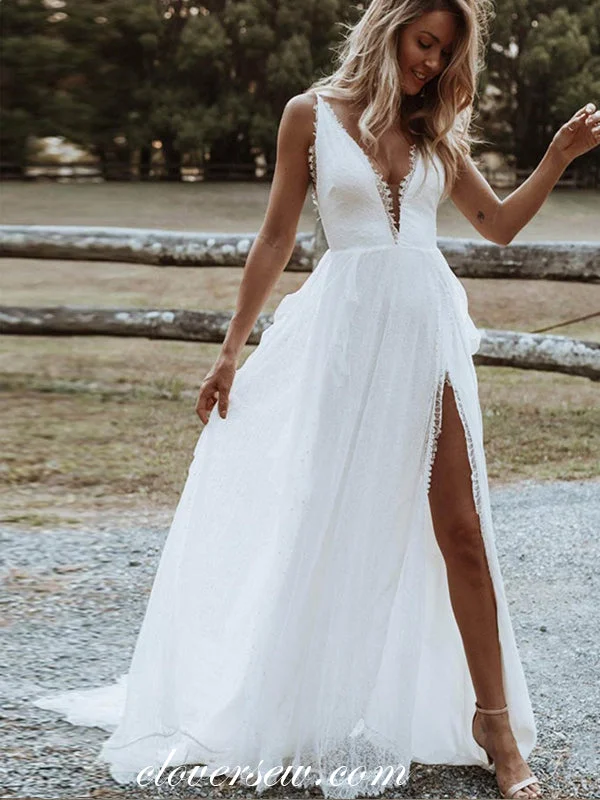 Off White Bohemian Lace Backless Deep V-neck With High Slit Wedding Dresses, CW0343 Wedding Gown Set