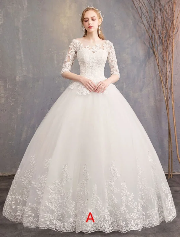 Princess Wedding Dresses Lace Illusion Neckline Half Sleeve Floor Length Bridal Gown Embroidered Wedding Dress