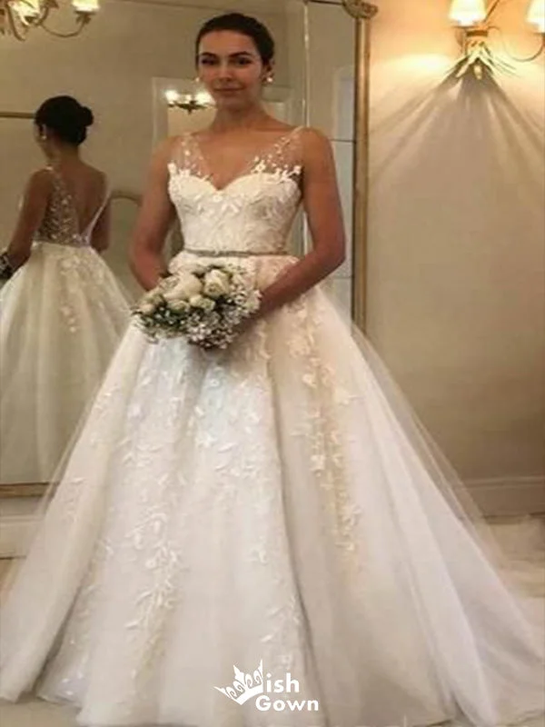 Romantic Tulle Straps V Neck 3/4 Sleeve Backless Applique Popular Bridal Long Wedding Dresses, WDH090 Romantic Lace Dress