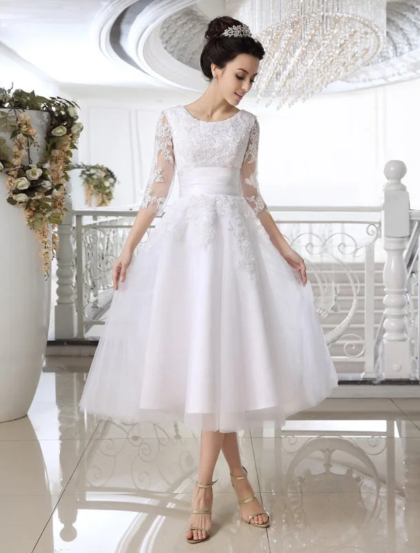 Simple Wedding Dresses 2021 Short Lace Applique Illusion Half Sleeve Tea Length Bridal Dress Exclusive Classic Bridal Gown