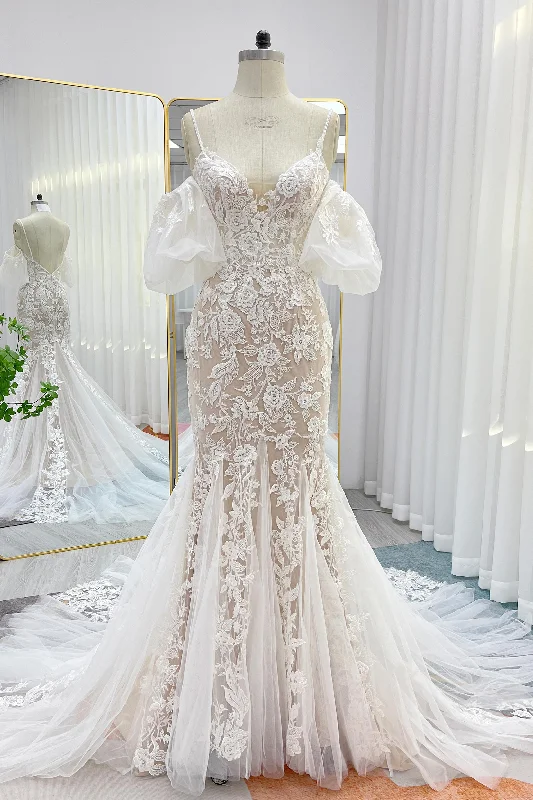 Trumpet-Mermaid Chapel Train Lace Tulle Wedding Dress CW3276 Modern Bridal Gown