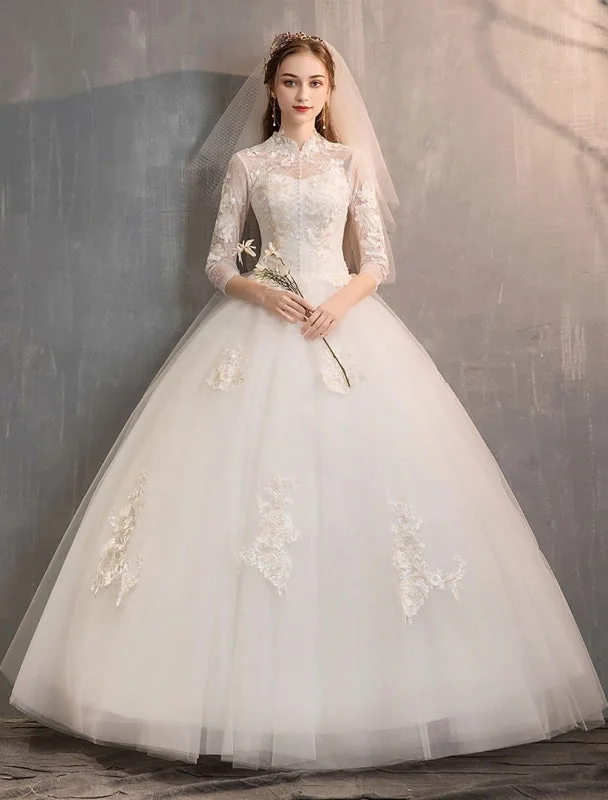 Tulle Wedding Dresses Ivory Illusion Neckline Half Sleeve Floor Length Princess Bridal Dress Crystal Wedding Dress