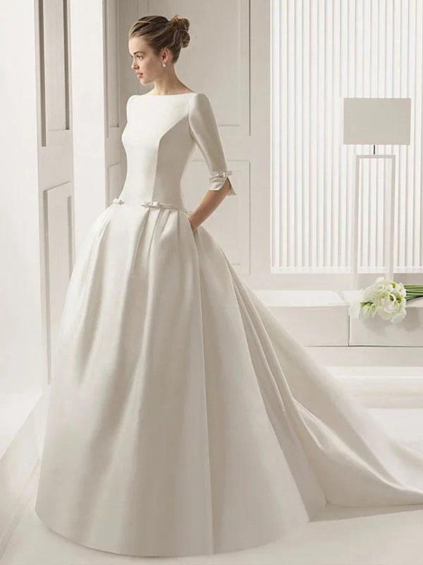 Wedding Dresses A-Line Chapel Bateau Neck Train 3/4 Length Sleeves Bows Satin Fabric White Bridal Dresses Boho Wedding Gown