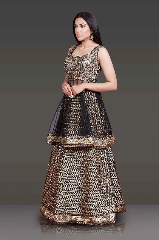 Black Net Peplum Silk Skirt and Net Dupatta with Gold Zari Embroidery Affordable unclassified skirts