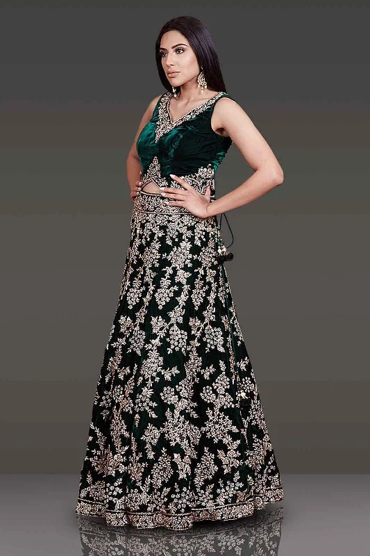 Bottle-Green Micro-Velvet Bridal Lehenga with Gold Zardozi top and Stone Embroidery High-waisted unclassified skirts