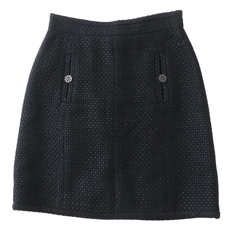 Chanel Tweed Skirt with COCO Mark Button, Black, Size 42 Beaded unclassified skirts