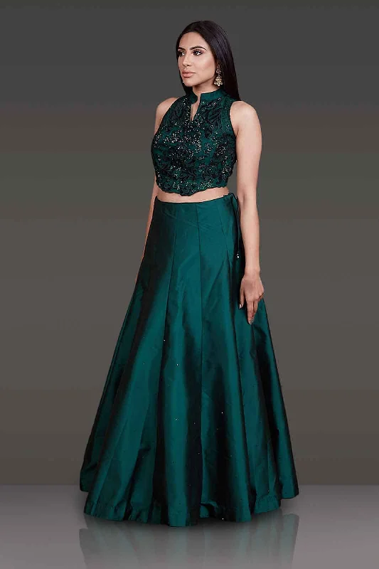 Velvet Laser Cut Emerald Green Crop Top With Tafta Silk Bottle Green Skirt A-line unclassified skirts