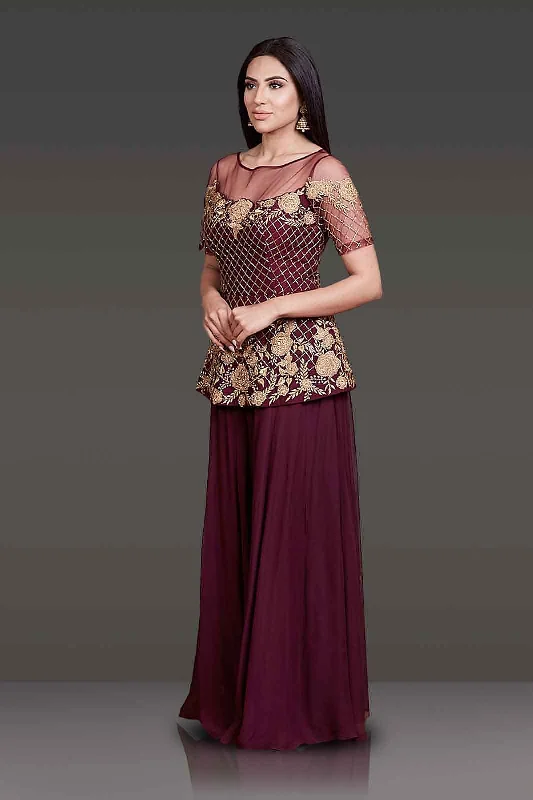 Burgundy Peplum with Sharara Paired With Net Scarf Smocked unclassified skirts