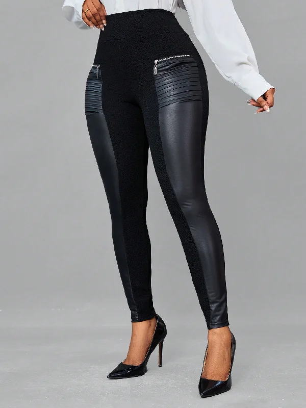 Lady Zip Detail Wideband Waist PU Leather Leggings Bright color unclassified skirts