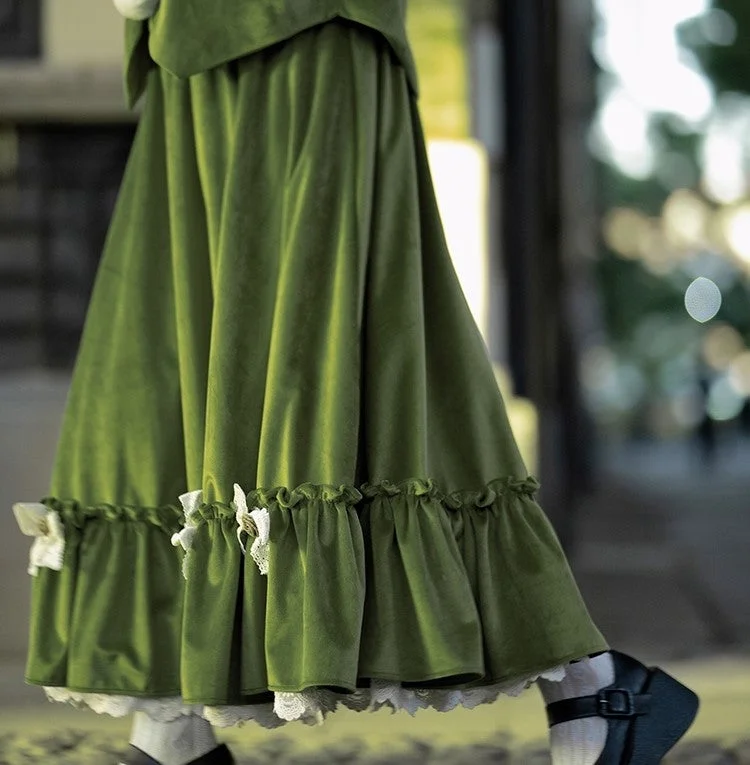 Retro Green Velvet Bow Tie Skirt Lace unclassified skirts