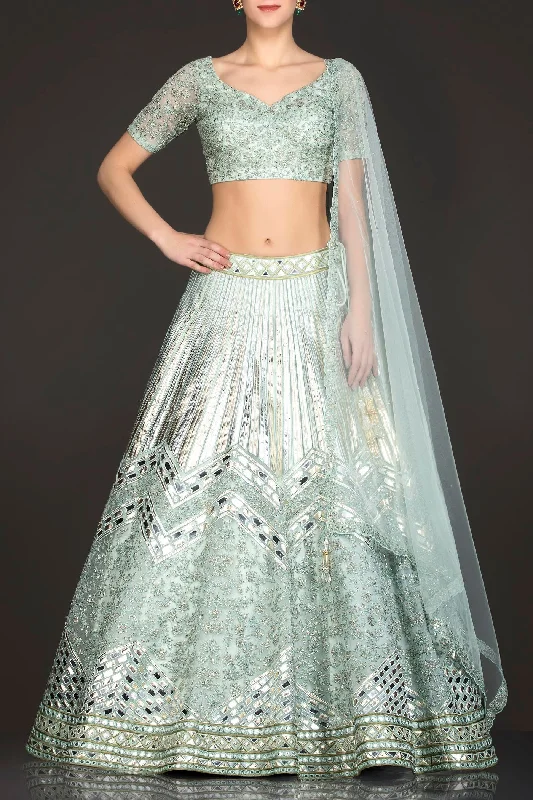 Mint Green Net Skirt/Lehenga/Dupatta With Leather Patch Embroidery Pencil unclassified skirts