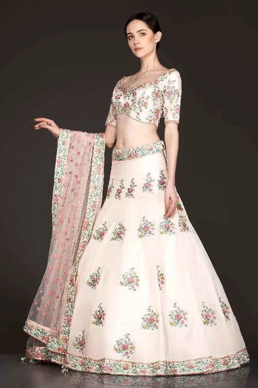 Gold Colour Silk Lehenga And Top With Peach Net Dupatta With Peach And Mint Thread Embroidery Button-front unclassified skirts