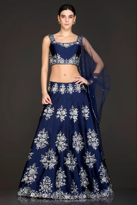 Royal Blue Colour Silk Lehenga Top With Silver Colour Stone/Swarovski Embroidery Floral unclassified skirts