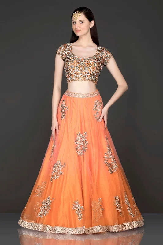 Burnt Orange Colour Lehenga Top And Dupatta With Cutwork Top Silk unclassified skirts