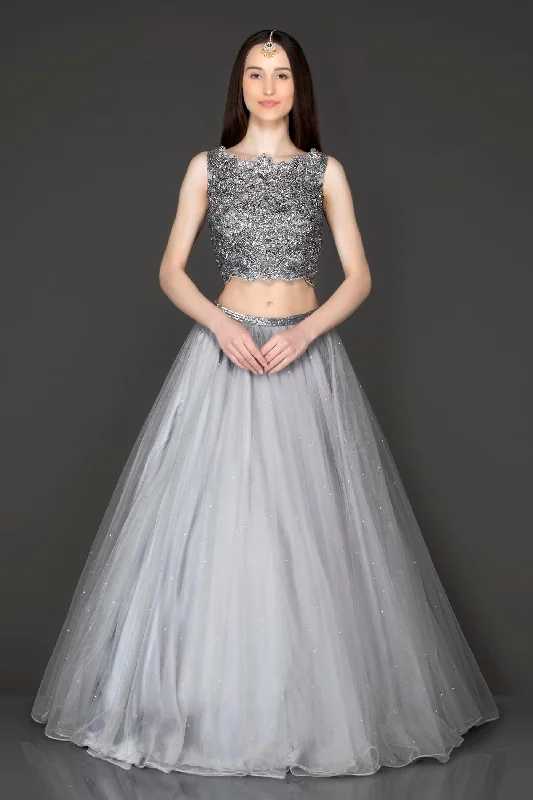 Metallic Grey Colour Net Lehenga Top And Dupatta Formal unclassified skirts