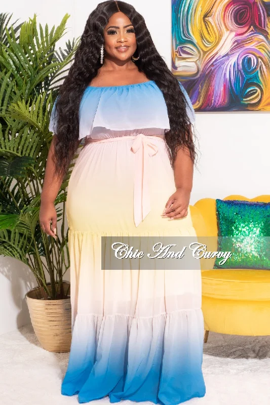 *Final Sale Plus Size Off The Shoulder Chiffon Maxi Dress in Yellow, Blue & Peach Ombre Summer Hot new arrivals in maxi dresses