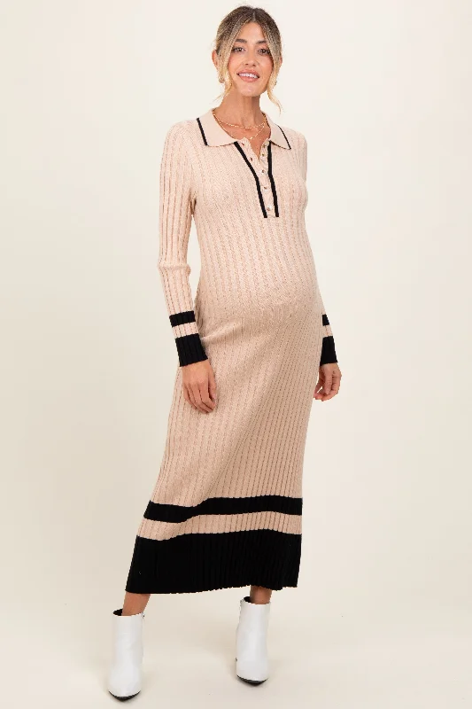 Beige Contrast Trim Knit Polo Maternity Midi Dress Best midi dresses for petites