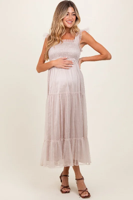 Beige Mesh Overlay Smocked Maternity Midi Dress Knitted midi dresses