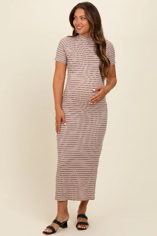 Beige Striped Mock Neck Fitted Maternity Midi Dress Budget-friendly midi dresses