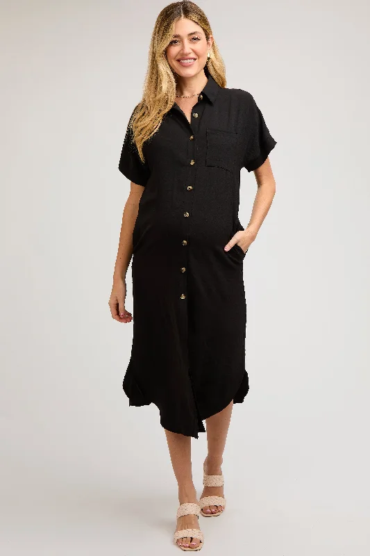 Black Button Down Front Pocket Maternity Midi Dress Designer midi dresses