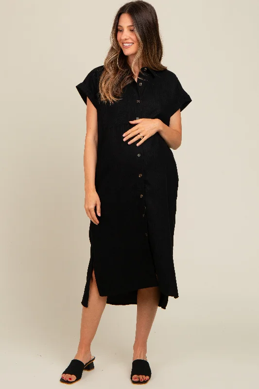 Black Corduroy Button Down Maternity Midi Dress Stretchy midi dresses