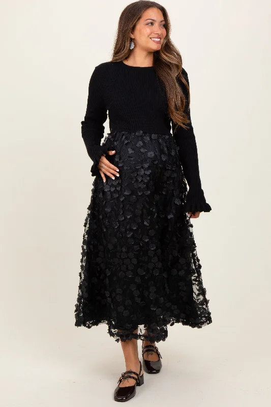 Black Floral Applique Contrast Skirt Maternity Midi Dress Best midi dresses for hourglass body shape