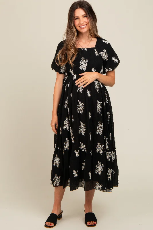 Black Floral Print Ruffle Hem Maternity Midi Dress Best midi dresses for elegant looks