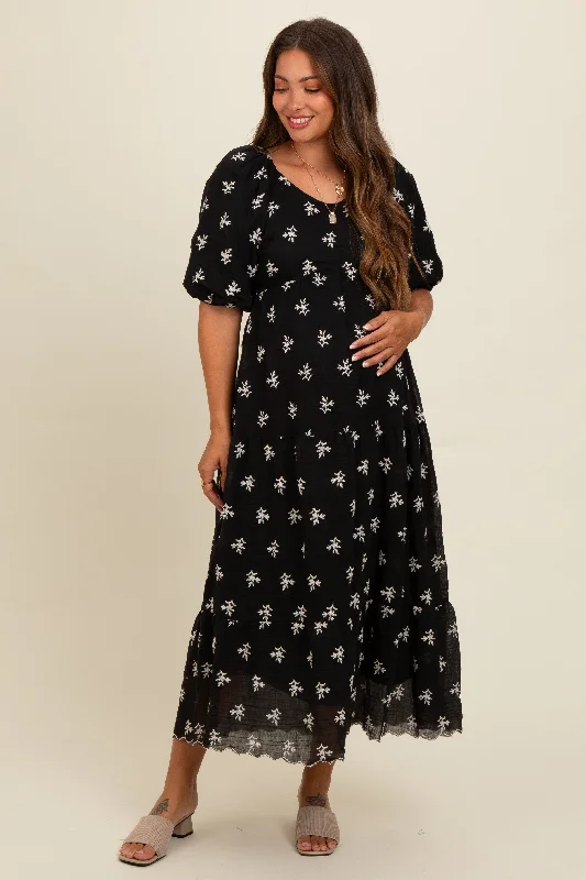 Black Floral Puff Sleeve Maternity Midi Dress Discounted midi dresses