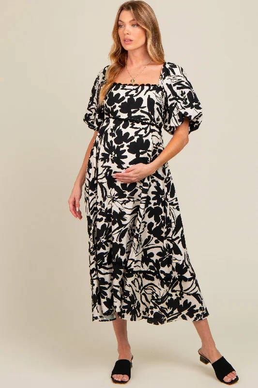 Black Floral Scallop Trim Maternity Midi Dress Office midi dresses