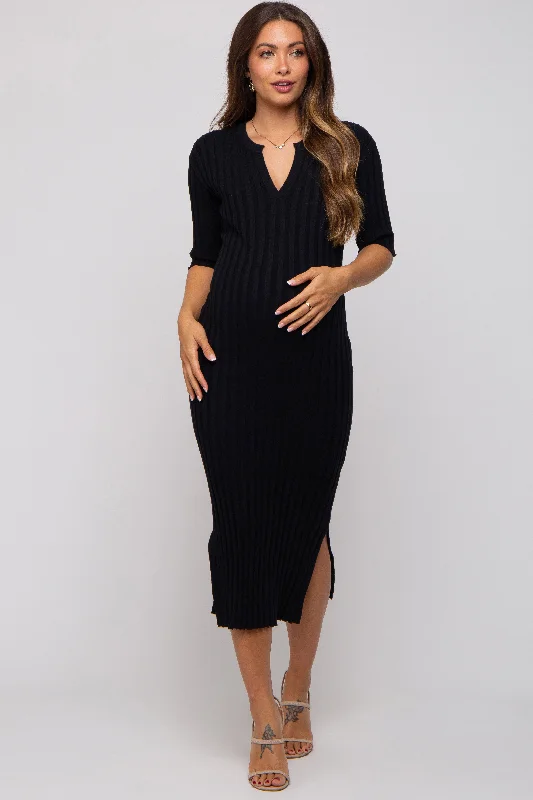 Black Ribbed Knit Maternity Midi Dress Sequin midi dresses