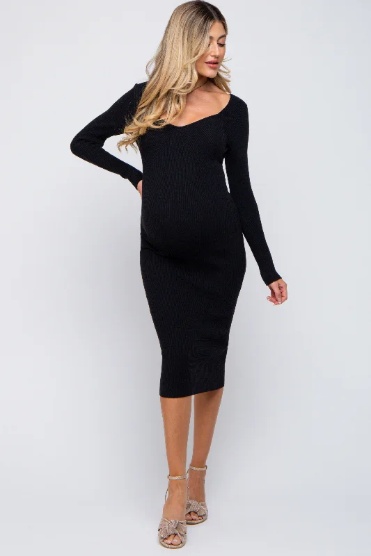 Black Ribbed Long Sleeve Maternity Midi Dress Clubbing midi dresses