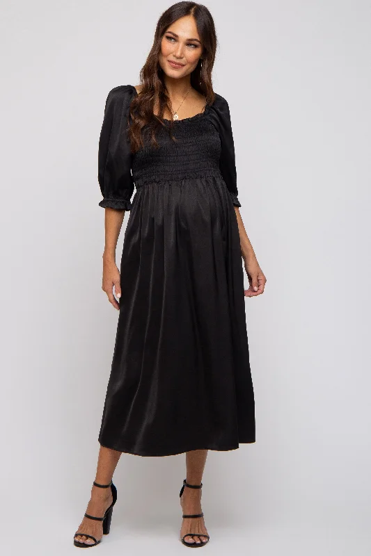 Black Satin Smocked Maternity Midi Dress Velvet midi dresses