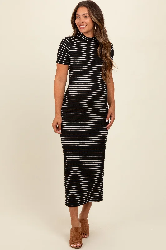 Black Striped Mock Neck Fitted Maternity Midi Dress Wedding guest midi dresses