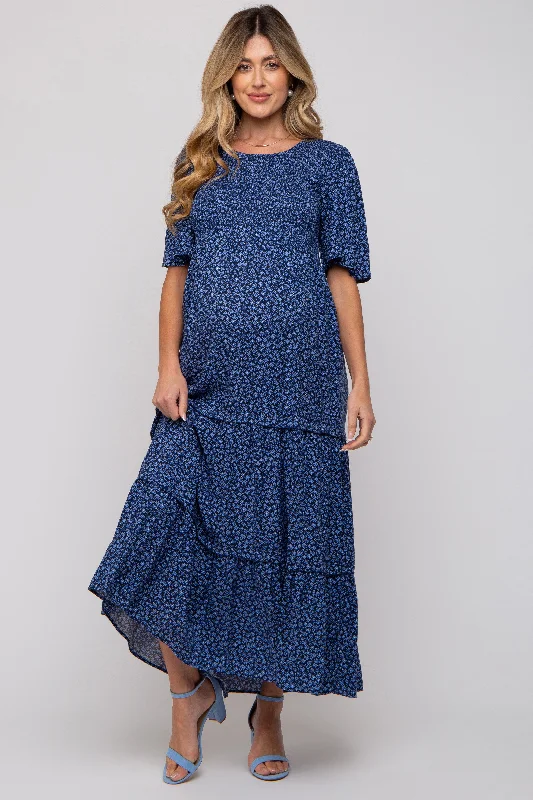 Blue Ditsy Floral Smocked Ruffle Tiered Maternity Midi Dress Luxury midi dresses