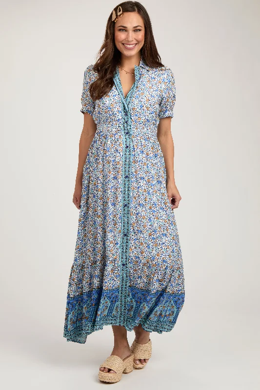 Blue Floral Button Up Maternity Midi Dress Best midi dresses for plus size