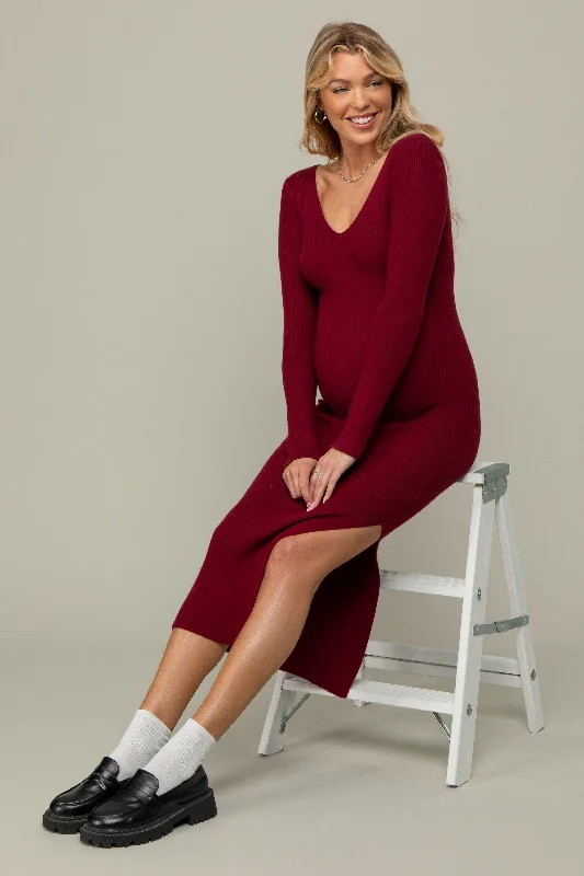 Burgundy Ribbed Knit Side Slit Maternity Midi Dress Beach midi dresses