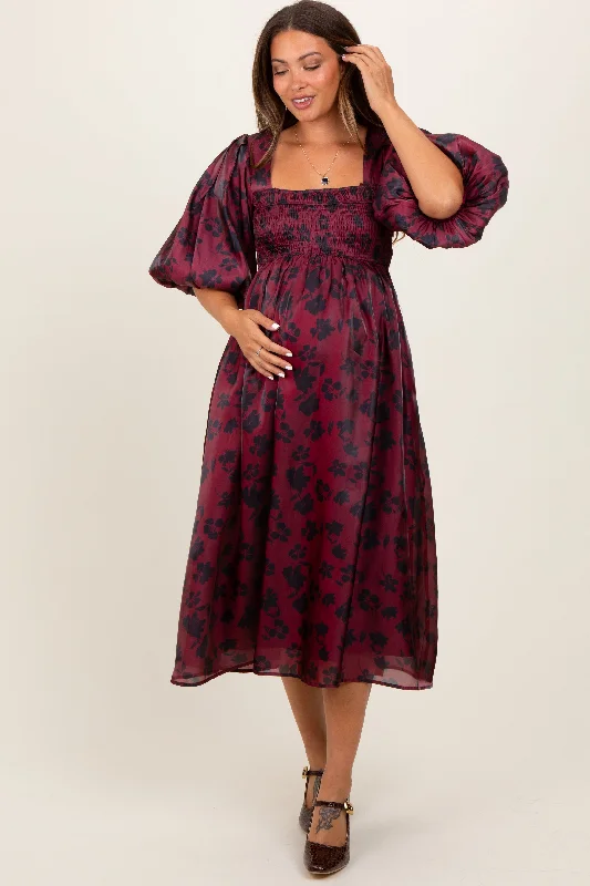 Burgundy Satin Floral Smocked Maternity Midi Dress Cheap midi dresses