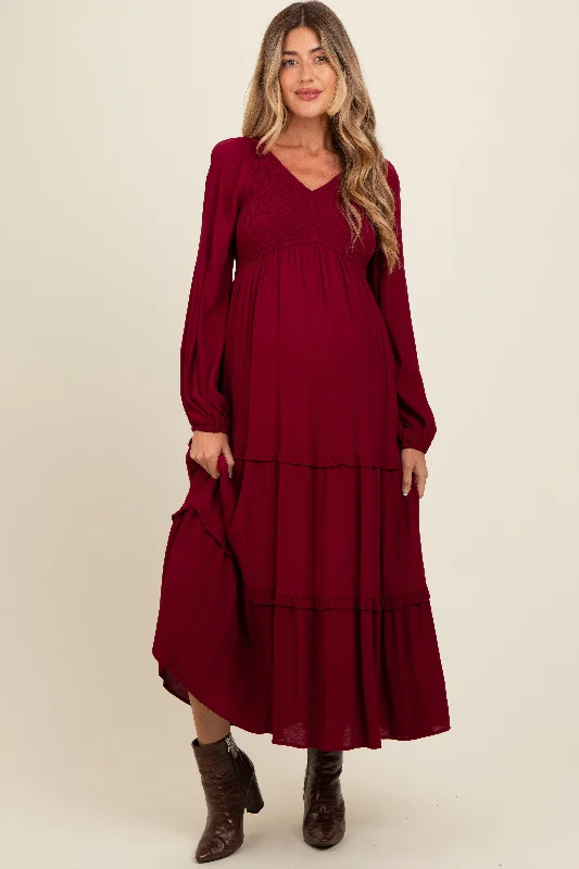 Burgundy Smocked Tiered Maternity Midi Dress Satin midi dresses