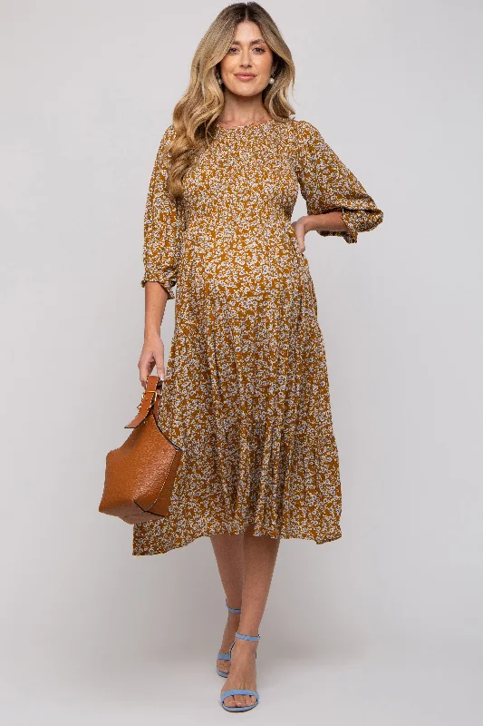 Camel Floral Smocked 3/4 Sleeve Maternity Midi Dress Red carpet midi dresses