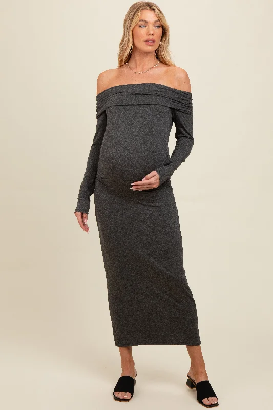 Charcoal Foldover Off Shoulder Long Sleeve Maternity Midi Dress Trendy midi dresses under $50