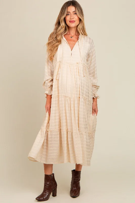 Cream Striped Front Tassel Tie Tiered Maternity Midi Dress ASOS midi dresses