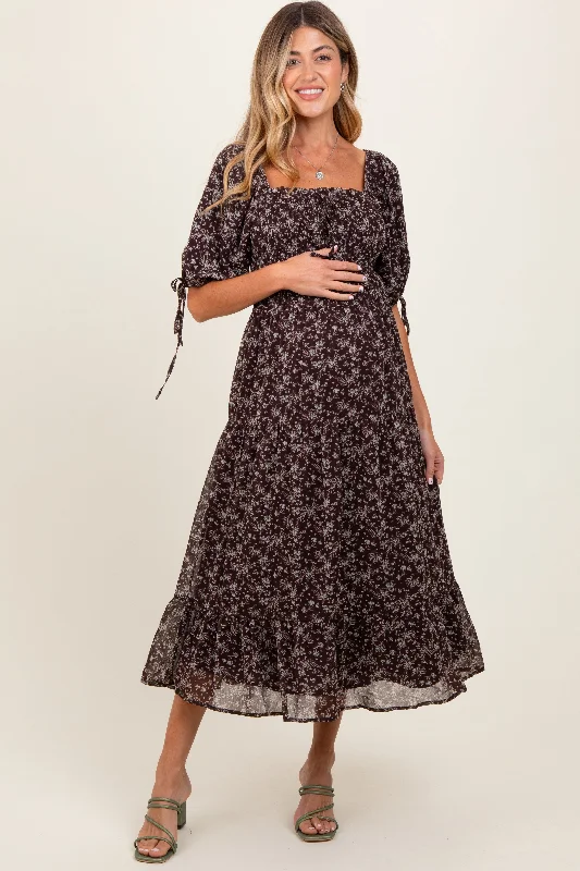 Dark Brown Floral Smocked Sleeve Tie Maternity Midi Dress Best midi dresses for formal events