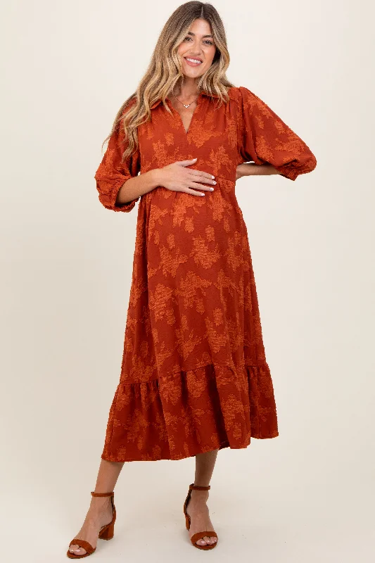 Dark Orange Floral Applique Collared Maternity Midi Dress Boho midi dresses