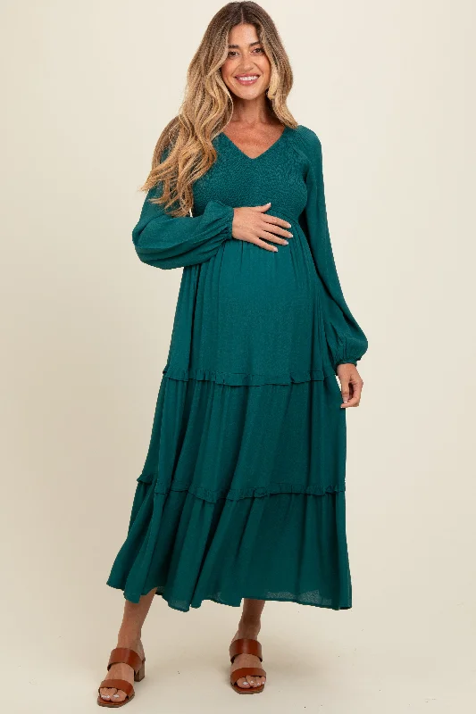 Emerald Smocked Tiered Maternity Midi Dress Prom midi dresses