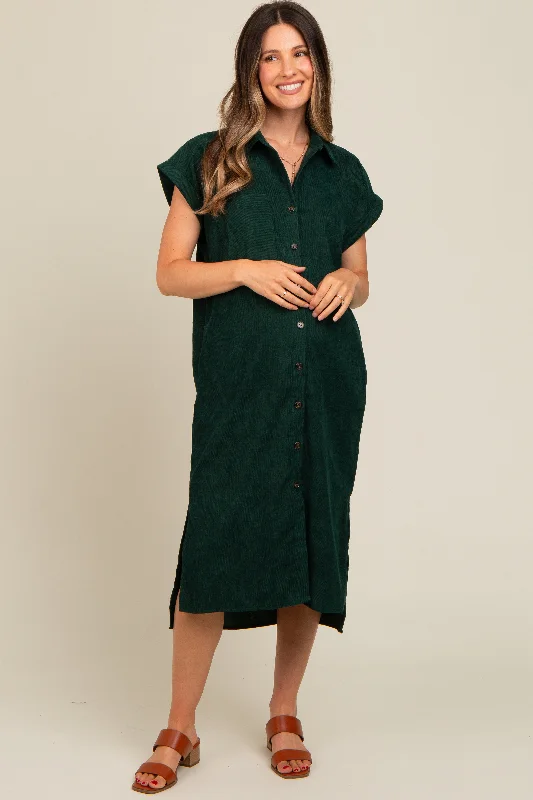 Forest Green Corduroy Button Down Maternity Midi Dress H&M midi dresses