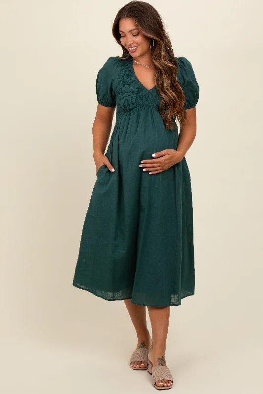 Green Smocked V-Neck Puff Sleeve Maternity Midi Dress Graduation midi dresses