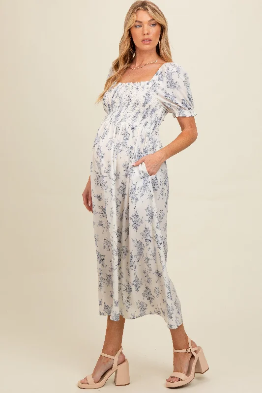 Ivory Floral Smocked Sweetheart Neckline Maternity Midi Dress Lightweight midi dresses for hot weather