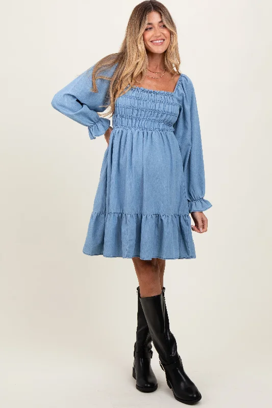 Light Blue Vintage Wash Chambray Smocked Maternity Midi Dress New Year's Eve midi dresses