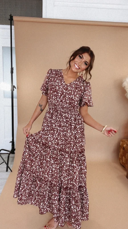 ECB Exclusive: Many Moments Floral Maxi Dress, Wine Glamorous maxi dresses